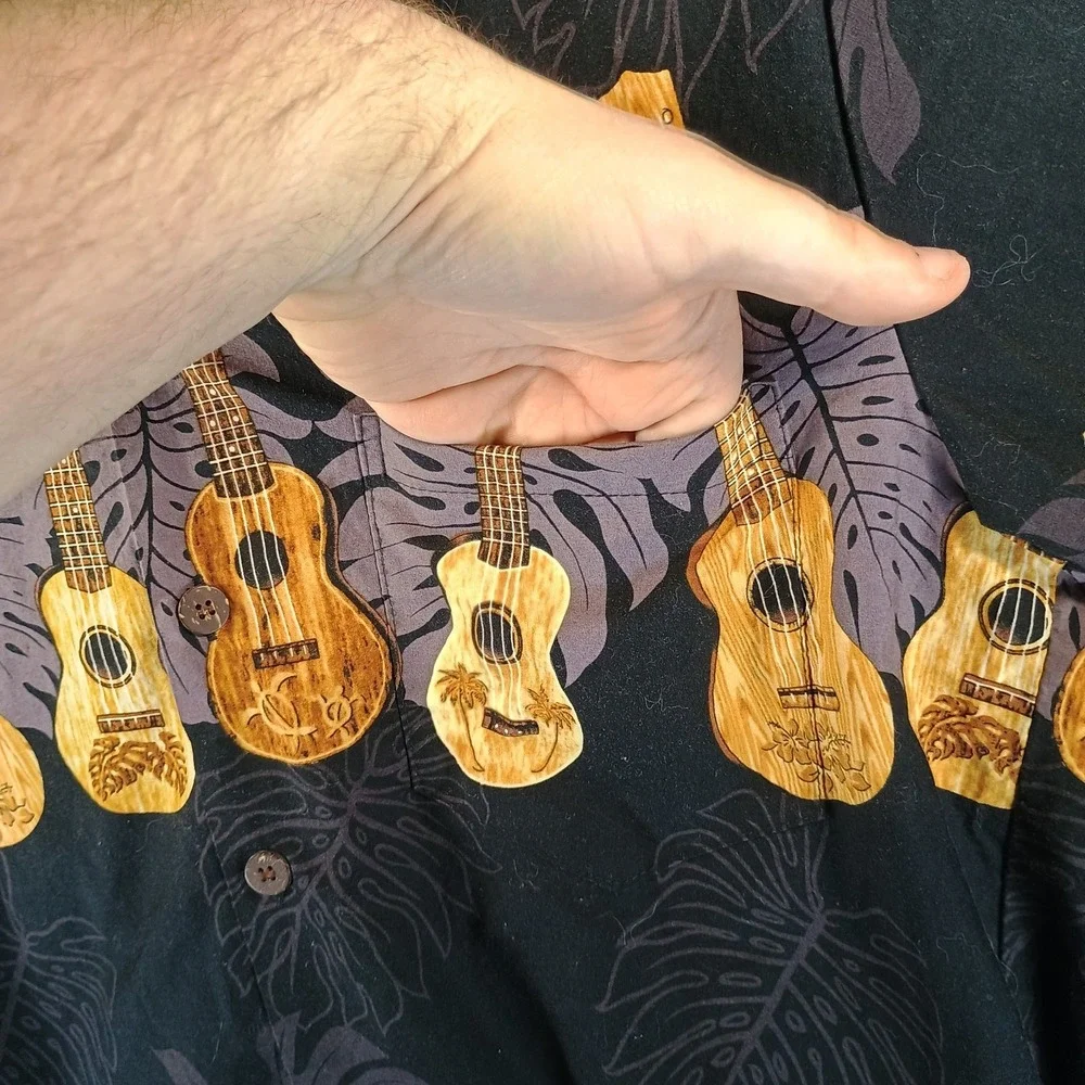 Vintage Bishop St Apparel Hawaiian Shirt Mens S Aloha Ukulele Black Made in USA